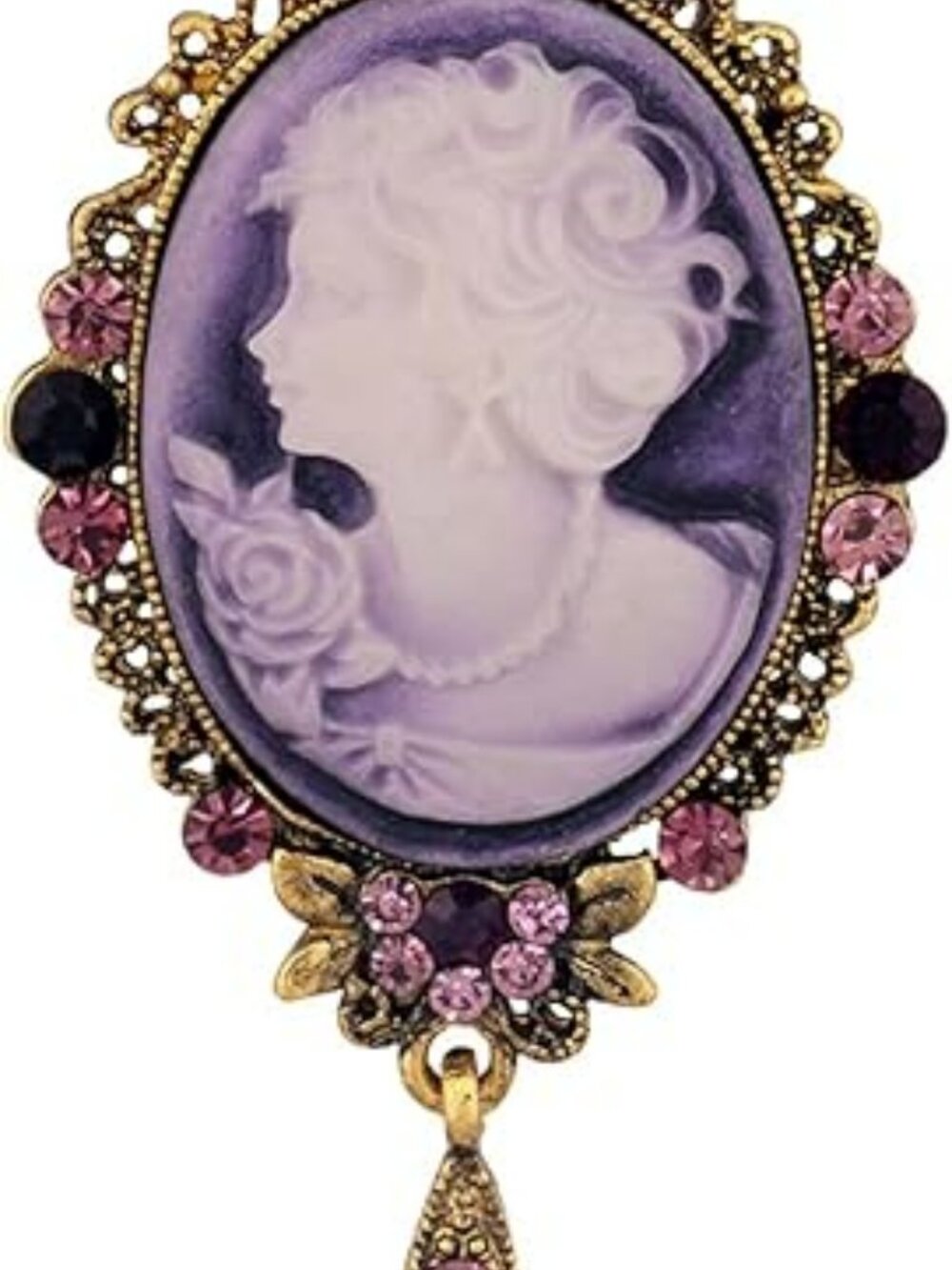 NEW Ladies Cameo Purple Rhinestone Tear Drop Lady Brooch Fashion Jewelry